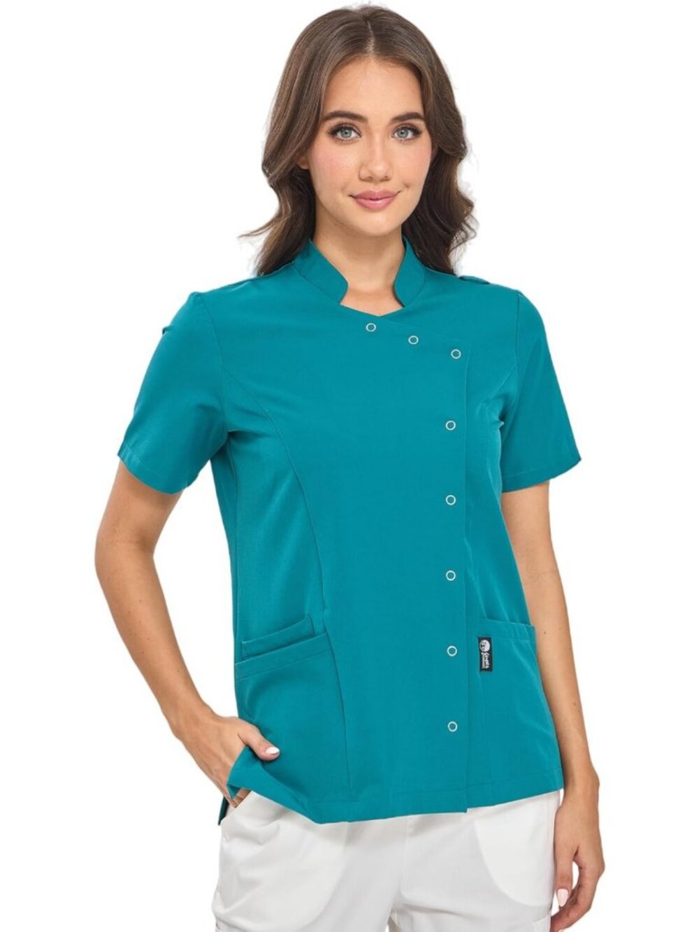 Stylish Women's Scrub Tops, Mandarin Collar, Snap Fasteners, Side Slits, 3